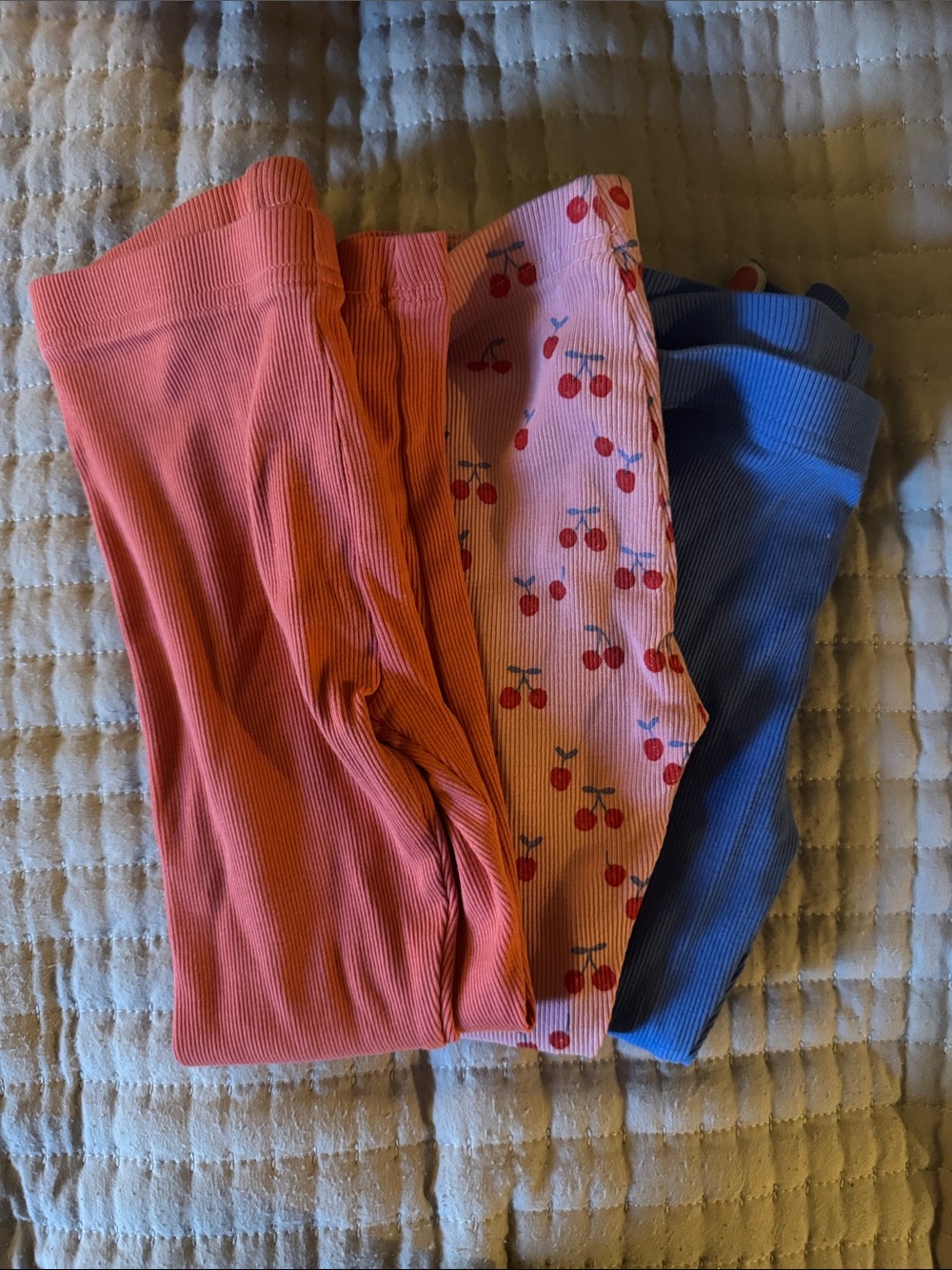 next Girls' Three-Pack Leggings - Coral, Pink Cherry Print & Blue